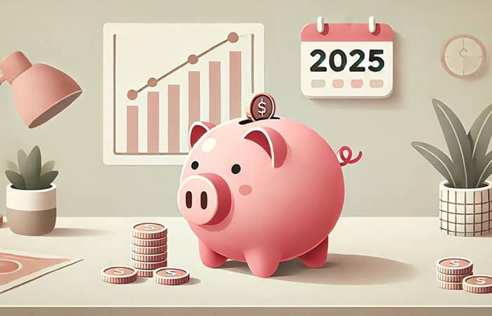 Savings piggy bank with coins, financial growth chart, and 2025 calendar representing financial planning and investment insights for Sapient Insights Group.