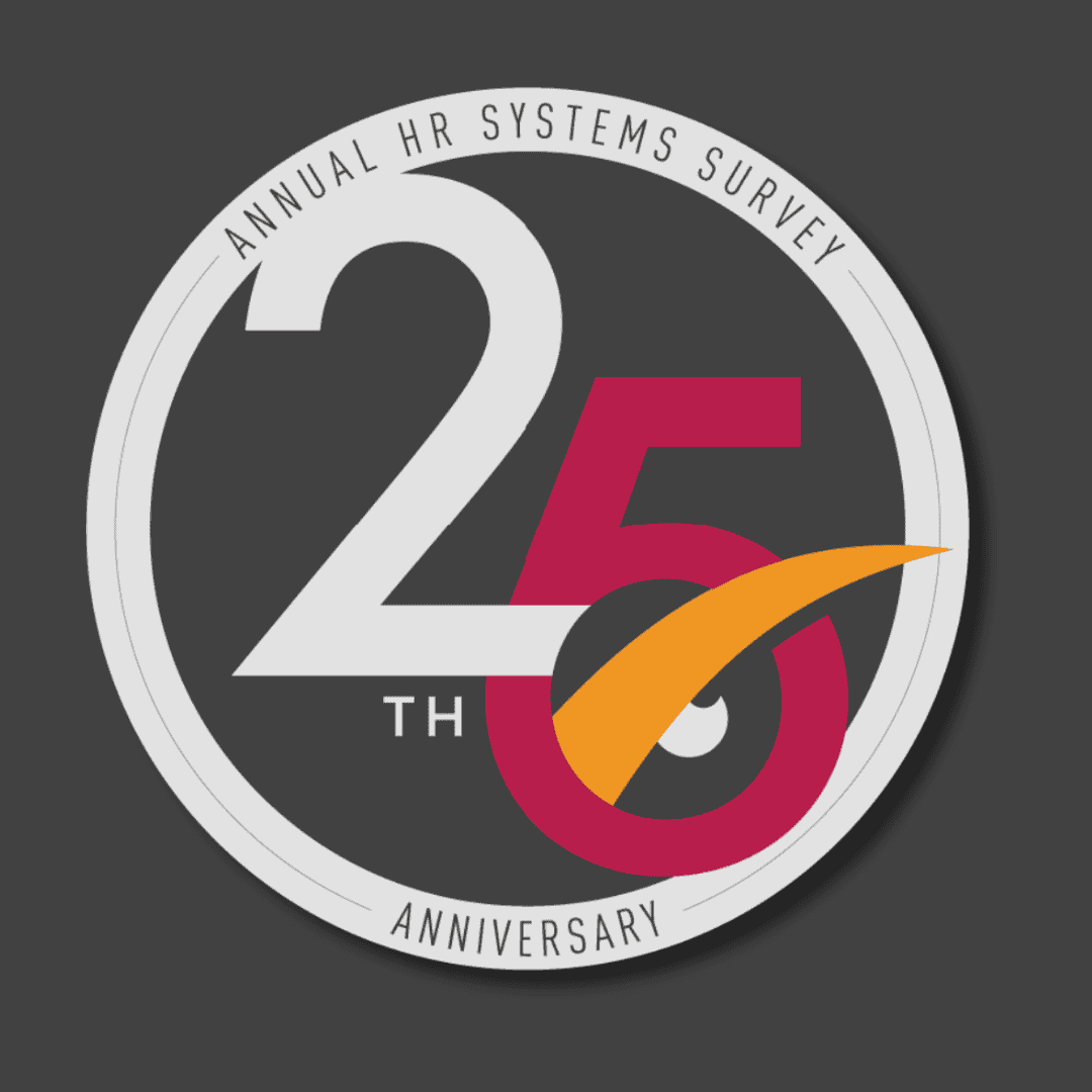 Annual HR systems survey badge celebrating 25th anniversary, featuring modern design with bold numbers, a check mark, and vibrant color accents.