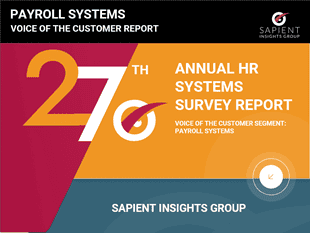 Payroll systems annual HR systems survey report cover with Sapient Insights Group branding and colorful graphic design.